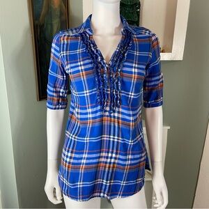 Garage Flannel Plaid Blue Orange Tuxedo Ruffled Blouse Shirt Top Button Down XS